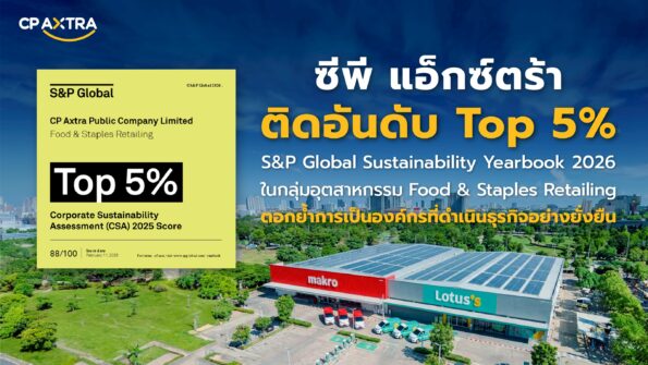 ‘ซีพี แอ็กซ์ตร้า’ ติดอันดับความยั่งยืนโลก ระดับ “Top 5%” ในกลุ่มอุตสาหกรรม Food & Staples Retailing จาก S&P Global องค์กรผู้จัดทำดัชนี DJSI ตอกย้ำการเป็นองค์กรที่ดำเนินธุรกิจอย่างยั่งยืน