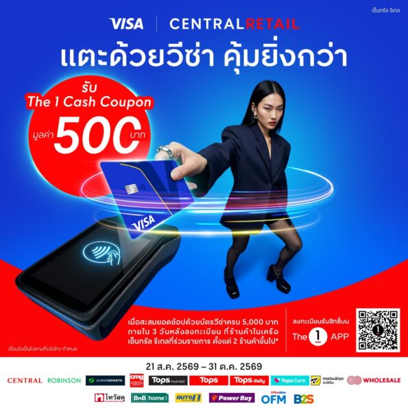 ยิ่งแตะยิ่งคุ้ม! CRC จับมือ Visa ส่งแคมเปญใหญ่ แตะจ่ายสะสมครบเงื่อนไข รับคูปองเงินสด The 1 มูลค่า 500 บาท ช้อปฟินข้ามเครือยาว 72 วันเต็ม