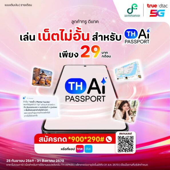 จาก AI ที่เข้าถึงได้ สู่ AI ที่ทุกคนใช้ได้จริง….ทรูหนุน TH-AI Passport เปิดแพ็ก AiPASS เพียง 29 บาท ใช้ดาต้าบน AiPASS ได้ไม่จำกัด เปิดโอกาสคนไทยเรียนรู้และใช้ AI ได้มากขึ้น เพียงกด *900*290#โทรออก หรือ สมัครที่แอปทรูได้เลย